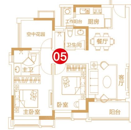 保利紫山国际3栋(4栋2梯)05单元90㎡3室2厅2卫1厨 90.00㎡户型图户型