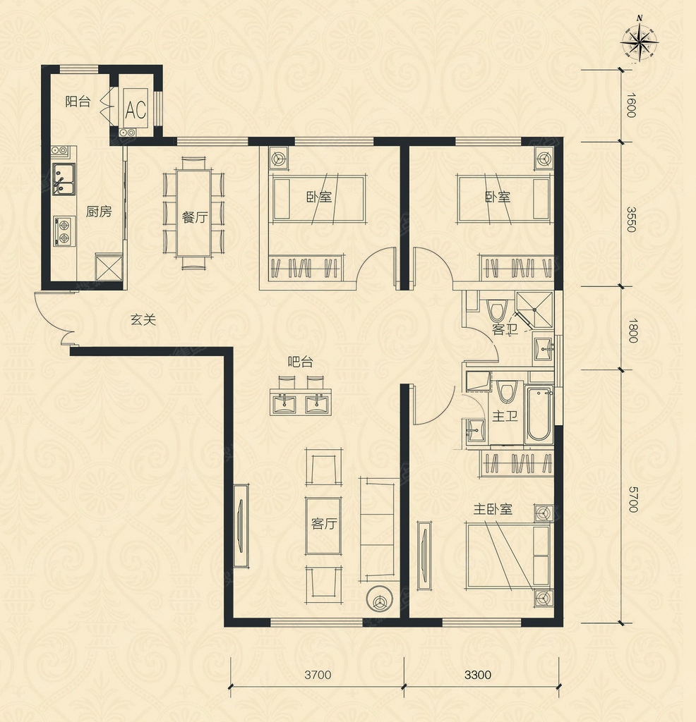 华鸿金色柏林三居室H3-使用面积87平米三居_