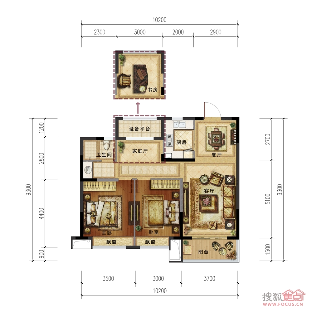 新外滩1号户型图-3室2厅1卫-90m