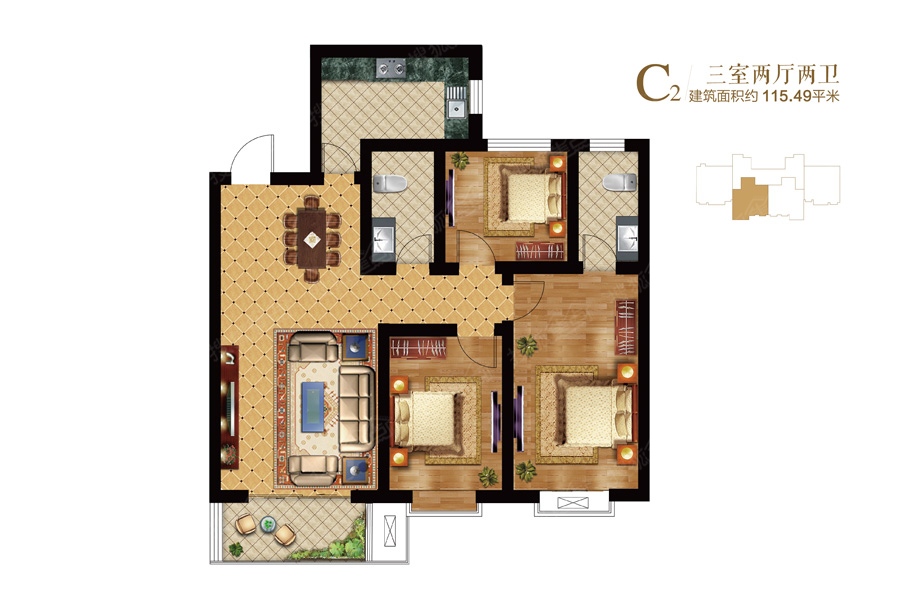 栾城金域华府三居室c2_栾城金域华府户型图-石家庄