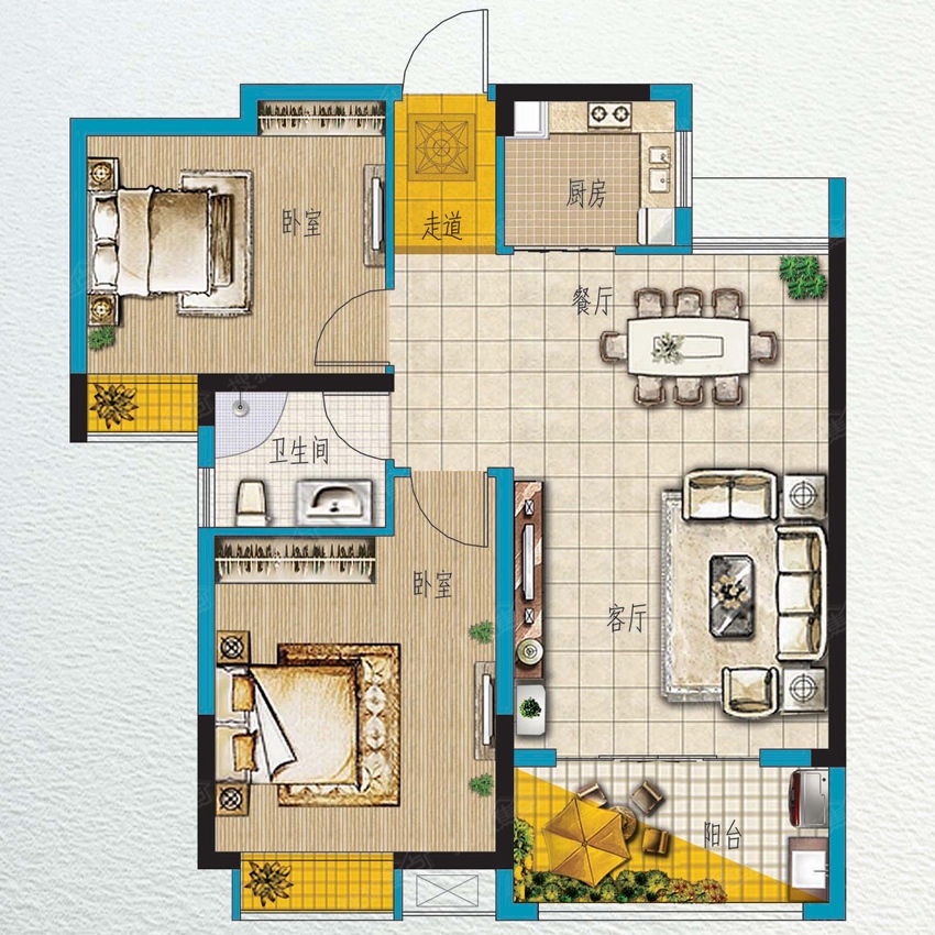 水木清华a1户型图-2室2厅1卫-72m